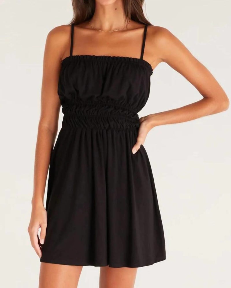 Front of a model wearing a size L Easy Sunday Dress In Black in Black by Z Supply. | dia_product_style_image_id:350776